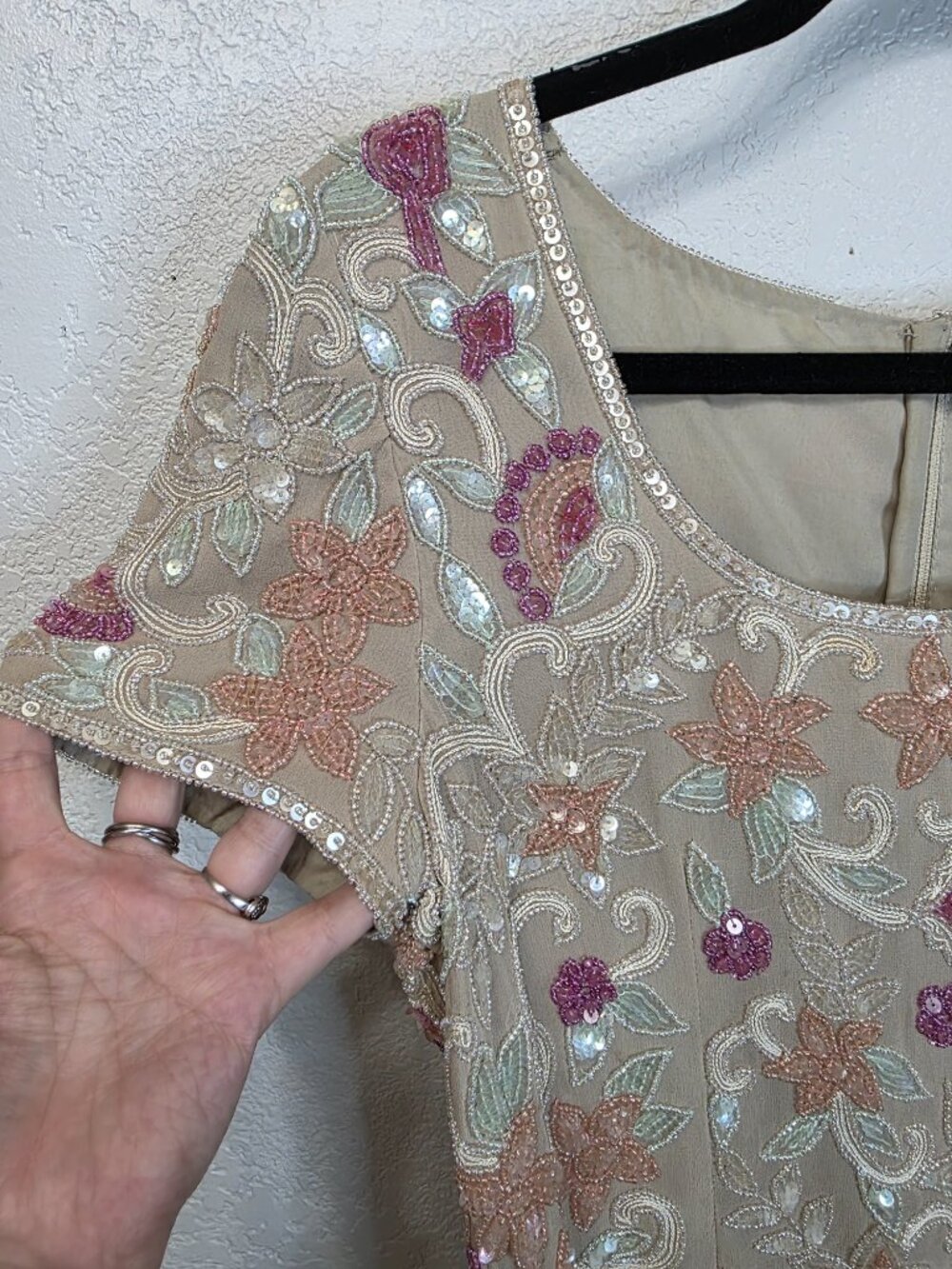 Vintage Beaded Beige Dress Floral Embellished Swing‎ Midi No Tags - Picture 3 of 11